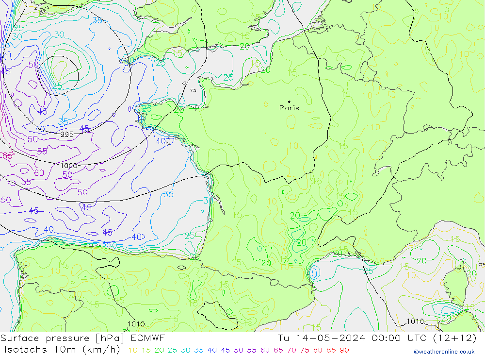 Izotacha (km/godz) ECMWF wto. 14.05.2024 00 UTC