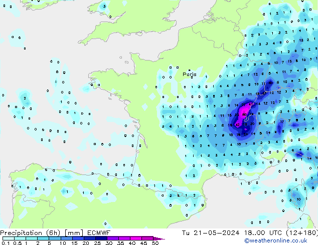 Totale neerslag (6h) ECMWF di 21.05.2024 00 UTC