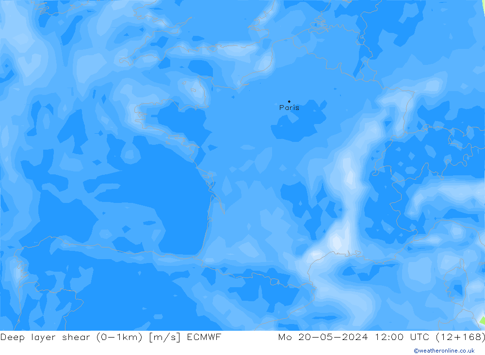 Deep layer shear (0-1km) ECMWF Mo 20.05.2024 12 UTC