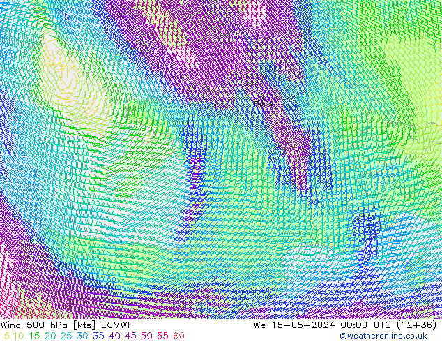 Vento 500 hPa ECMWF mer 15.05.2024 00 UTC
