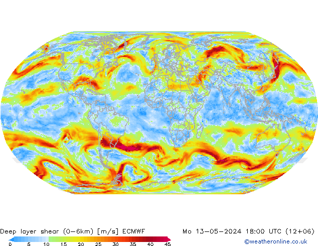 Deep layer shear (0-6km) ECMWF Po 13.05.2024 18 UTC