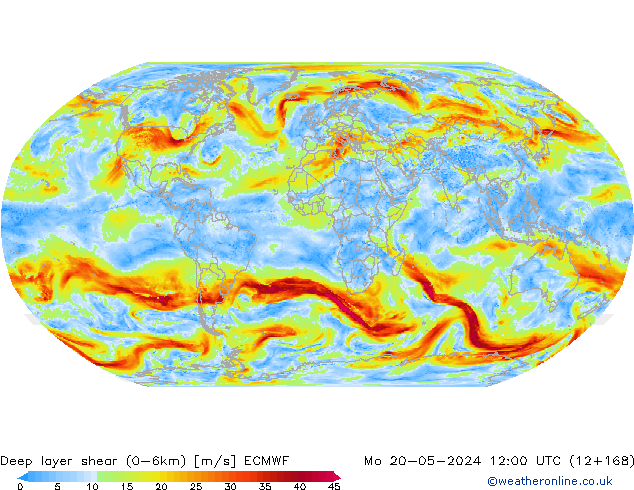 Deep layer shear (0-6km) ECMWF Po 20.05.2024 12 UTC