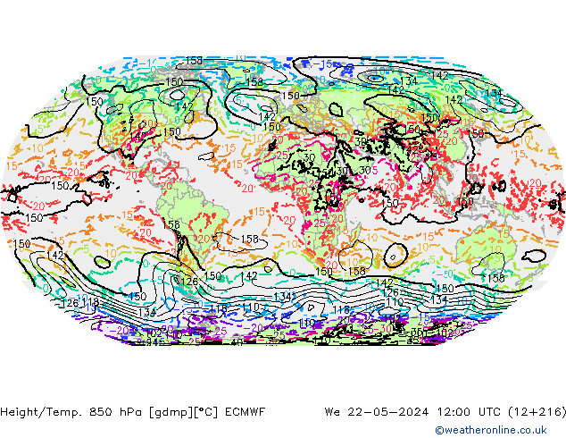 Height/Temp. 850 hPa ECMWF śro. 22.05.2024 12 UTC