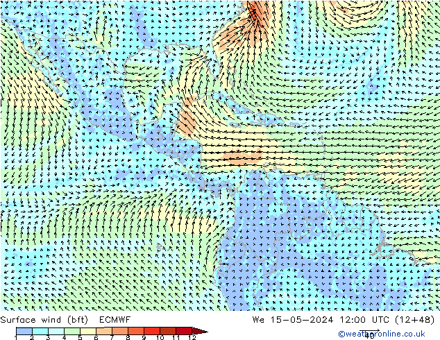 Wind 10 m (bft) ECMWF wo 15.05.2024 12 UTC