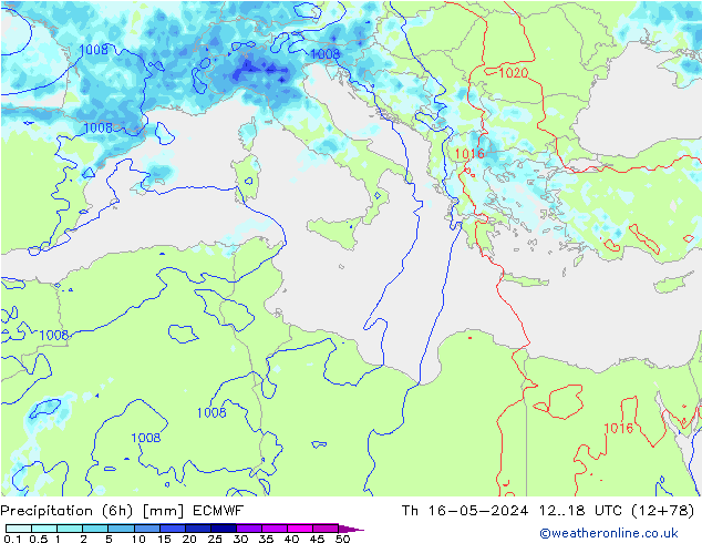 Totale neerslag (6h) ECMWF do 16.05.2024 18 UTC