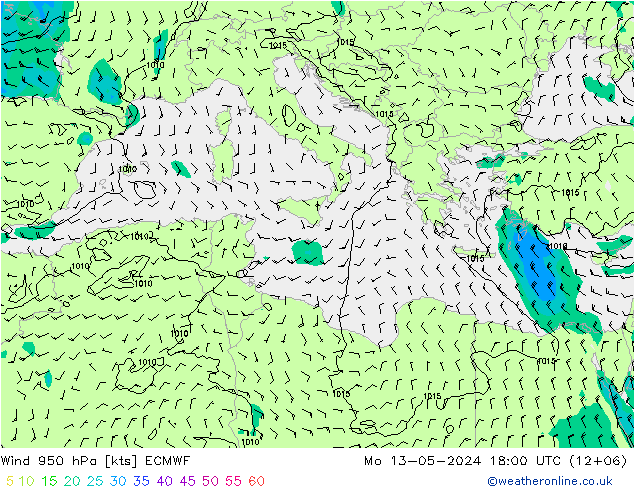 Prec 6h/Wind 10m/950 ECMWF Po 13.05.2024 18 UTC