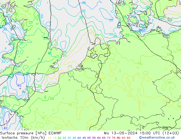 10米等风速线 (kph) ECMWF 星期一 13.05.2024 15 UTC