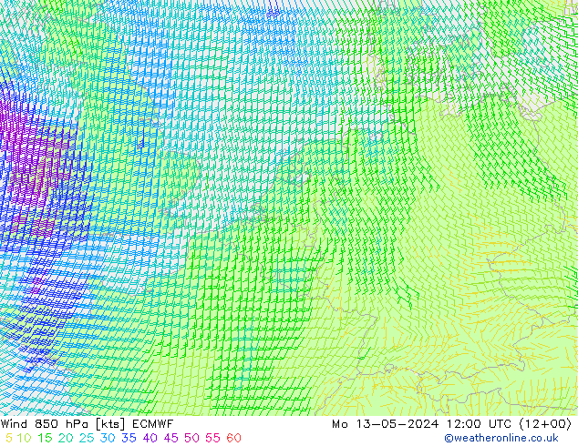 Wind 850 hPa ECMWF Po 13.05.2024 12 UTC