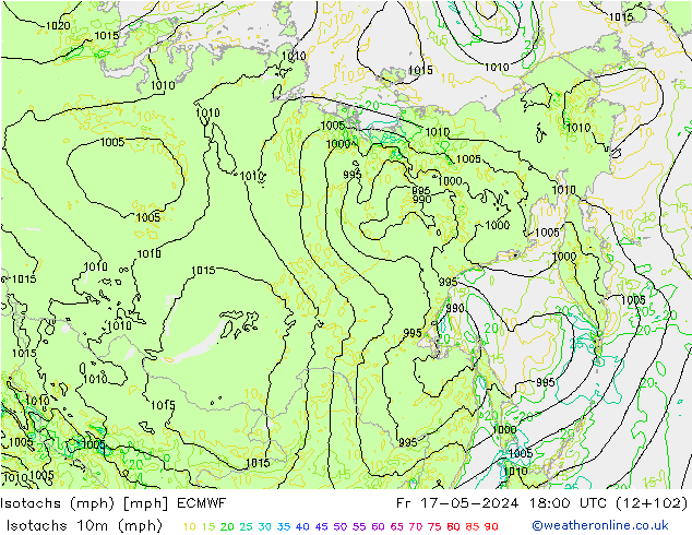 Isotachs (mph) ECMWF ven 17.05.2024 18 UTC