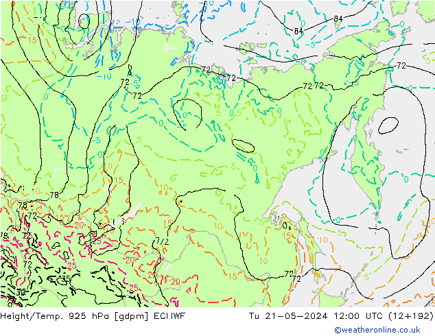 Yükseklik/Sıc. 925 hPa ECMWF Sa 21.05.2024 12 UTC