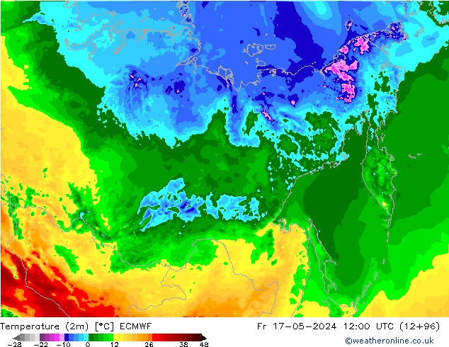Temperatura (2m) ECMWF vie 17.05.2024 12 UTC