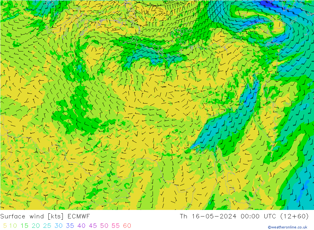 ветер 10 m ECMWF чт 16.05.2024 00 UTC