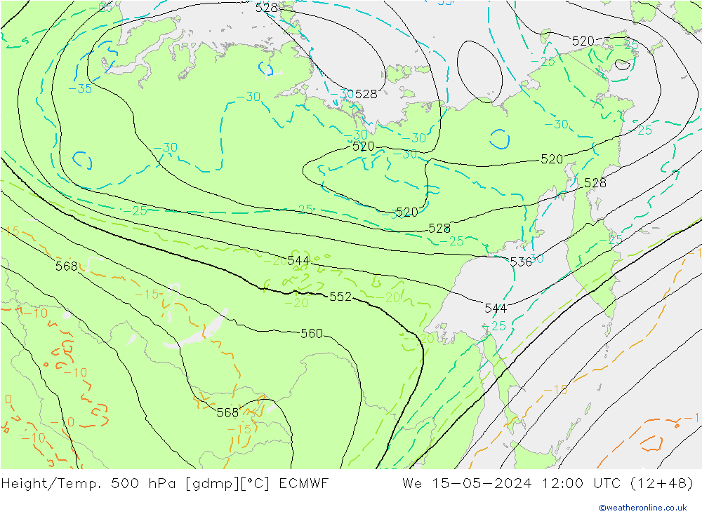 Height/Temp. 500 hPa ECMWF Qua 15.05.2024 12 UTC