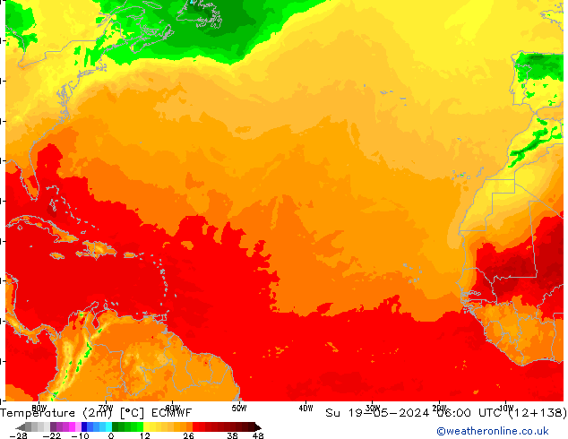Temperatuurkaart (2m) ECMWF zo 19.05.2024 06 UTC