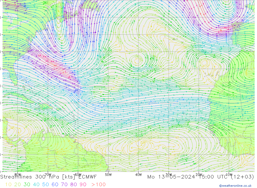 Ligne de courant 300 hPa ECMWF lun 13.05.2024 15 UTC