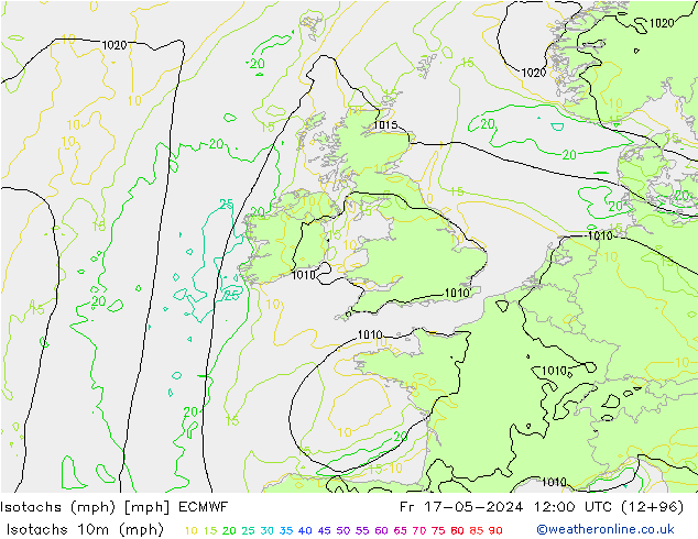Isotachs (mph) ECMWF Pá 17.05.2024 12 UTC