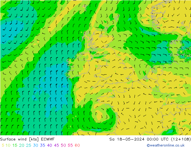 ветер 10 m ECMWF сб 18.05.2024 00 UTC