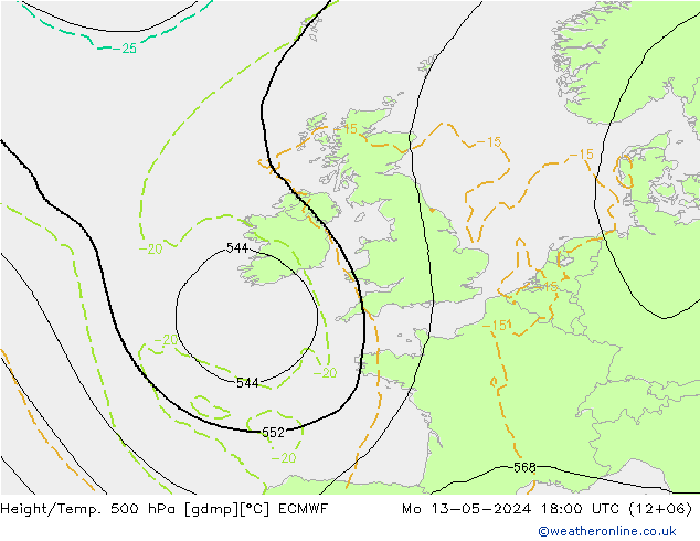 Z500/Rain (+SLP)/Z850 ECMWF Mo 13.05.2024 18 UTC