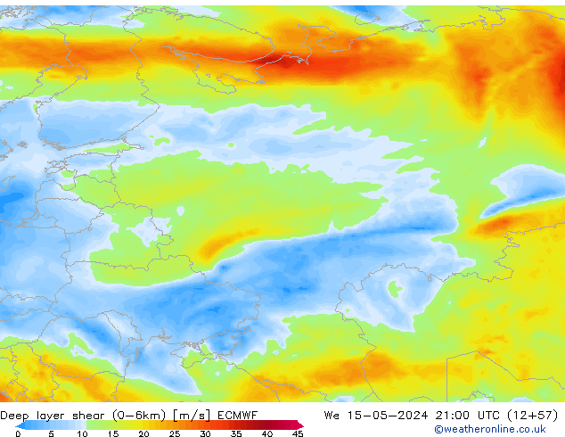 Deep layer shear (0-6km) ECMWF mer 15.05.2024 21 UTC