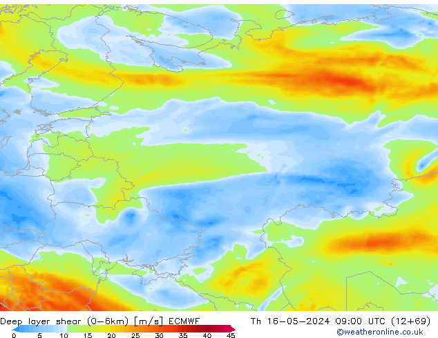 Deep layer shear (0-6km) ECMWF Per 16.05.2024 09 UTC