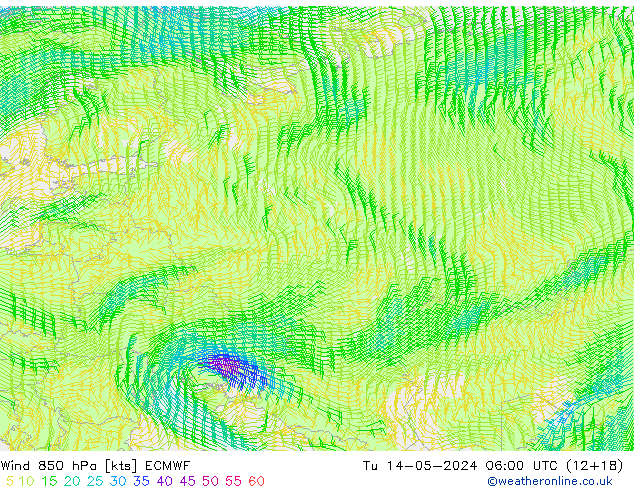 Wind 850 hPa ECMWF Út 14.05.2024 06 UTC