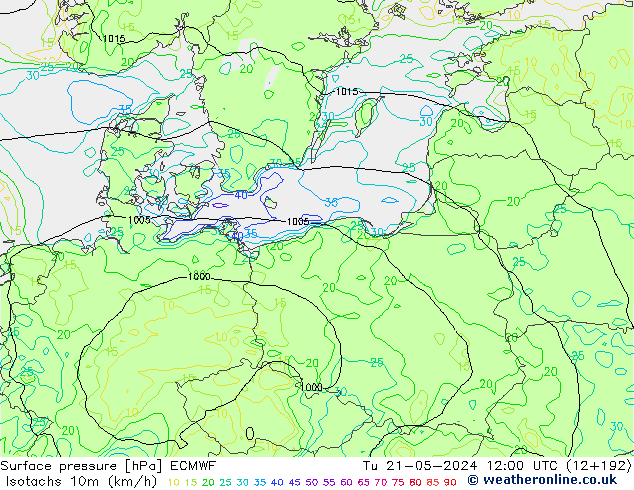 Isotachs (kph) ECMWF Tu 21.05.2024 12 UTC