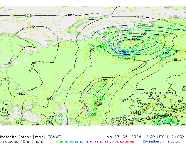 Isotachs (mph) ECMWF пн 13.05.2024 12 UTC