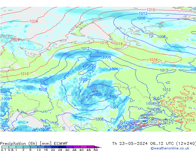 Z500/Rain (+SLP)/Z850 ECMWF Čt 23.05.2024 12 UTC