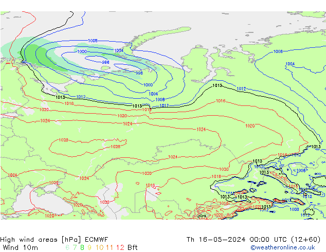 High wind areas ECMWF Čt 16.05.2024 00 UTC