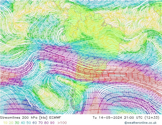 Streamlines 200 hPa ECMWF Út 14.05.2024 21 UTC