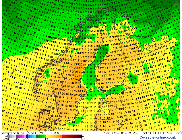 Temperatuurkaart (2m) ECMWF za 18.05.2024 18 UTC