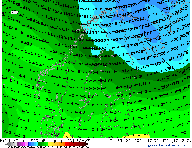 Height/Temp. 700 гПа ECMWF чт 23.05.2024 12 UTC