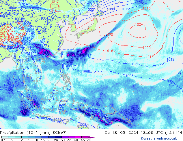 Precipitation (12h) ECMWF Sa 18.05.2024 06 UTC