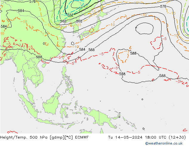 Z500/Rain (+SLP)/Z850 ECMWF wto. 14.05.2024 18 UTC