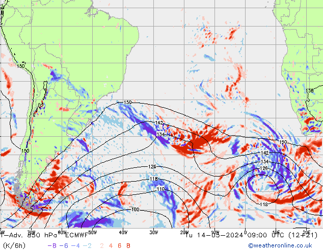 T-Adv. 850 hPa ECMWF Sa 14.05.2024 09 UTC