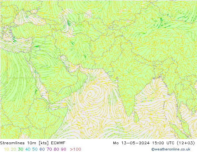 Linia prądu 10m ECMWF pon. 13.05.2024 15 UTC