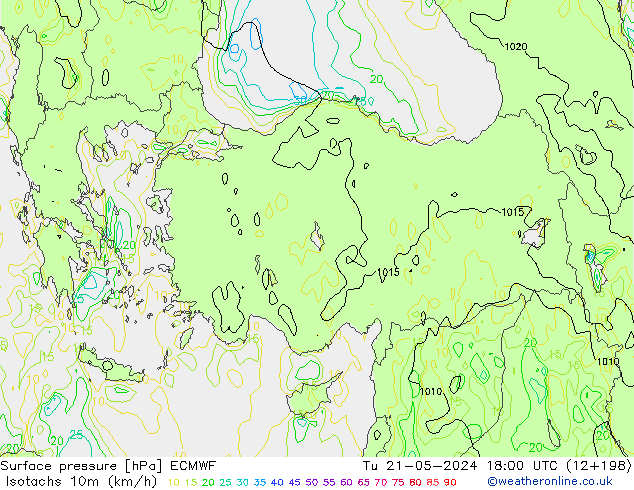 Eşrüzgar Hızları (km/sa) ECMWF Sa 21.05.2024 18 UTC
