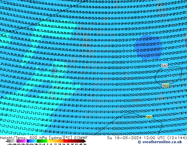 Z500/Rain (+SLP)/Z850 ECMWF Dom 19.05.2024 12 UTC