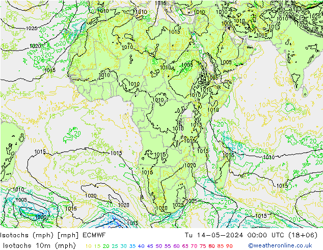 Isotachs (mph) ECMWF Tu 14.05.2024 00 UTC
