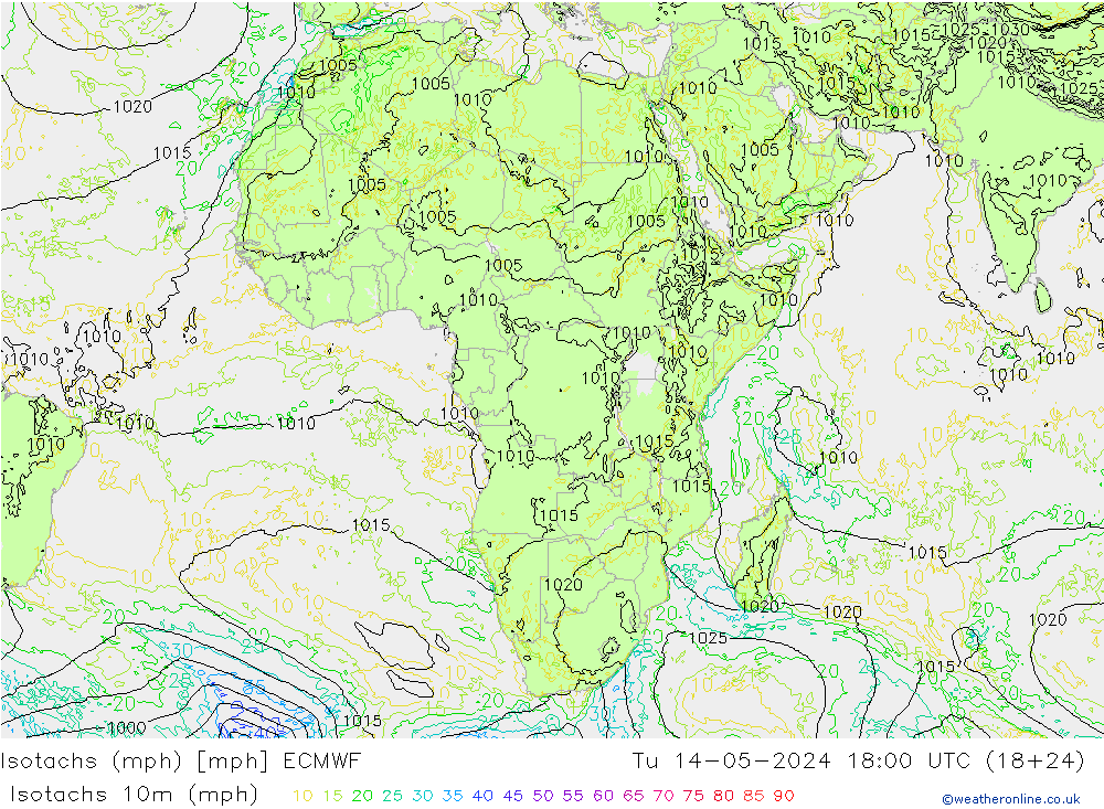 Isotachs (mph) ECMWF Út 14.05.2024 18 UTC