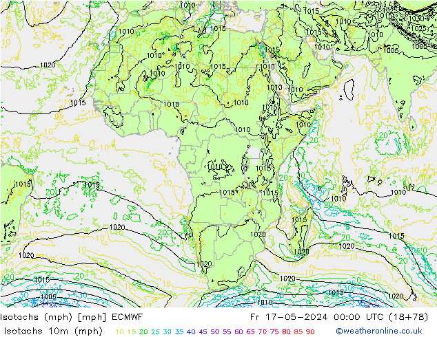 Isotachs (mph) ECMWF пт 17.05.2024 00 UTC