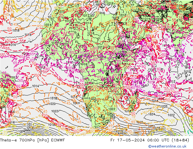 Theta-e 700hPa ECMWF Sex 17.05.2024 06 UTC
