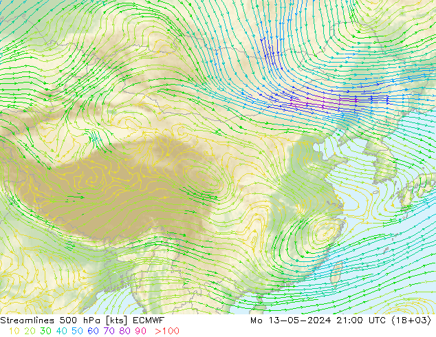 风 500 hPa ECMWF 星期一 13.05.2024 21 UTC