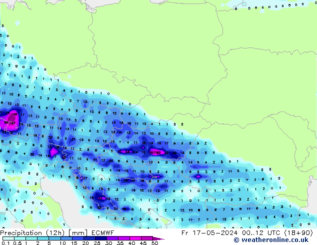 Precipitation (12h) ECMWF Pá 17.05.2024 12 UTC