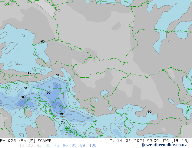 RH 925 hPa ECMWF Út 14.05.2024 09 UTC
