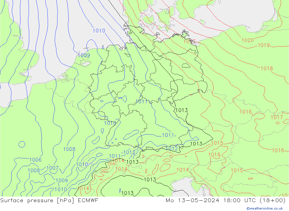 Presión superficial ECMWF lun 13.05.2024 18 UTC