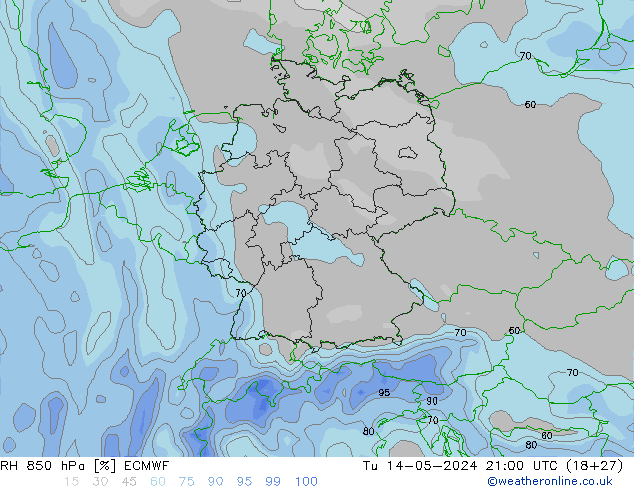 Humidité rel. 850 hPa ECMWF mar 14.05.2024 21 UTC