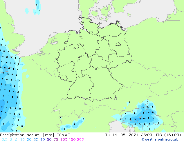 Precipitation accum. ECMWF mar 14.05.2024 03 UTC