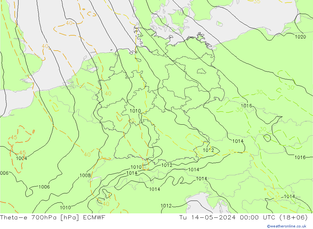 Theta-e 700hPa ECMWF 星期二 14.05.2024 00 UTC