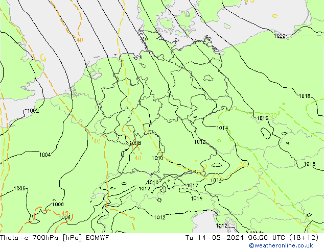 Theta-e 700hPa ECMWF Sa 14.05.2024 06 UTC